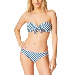 Outlet 🛒 Jessica Simpson 👩 Women's Lickity Split Tie-Front Bandeau Top & Side-Shirred Hipster Bottoms Blue/white Stripe 👏