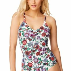 Promo 🔥 Jessica Simpson Forget Me Not Ruched Front Tankini Swim Top White Floral 🧨