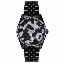 Coupon 🔥 Jessica Simpson 👩 Women's Camo Pave Crystal Black Tone Bracelet ⌚ Watch 37mm 🎉