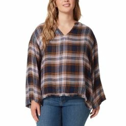 Best Sale 🌟 Jessica Simpson Trendy Plus Size Jenna Plaid Notch-Neck Top Festive Plaid - Black Iris ✨