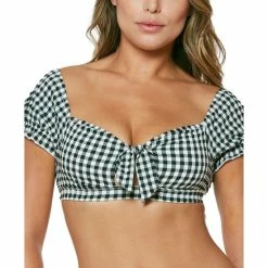 Best deal ✨ Jessica Simpson Countryside Gingham Puff-Sleeve 👙 Bikini Top Black Texture 🎉