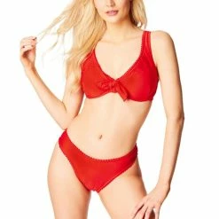 Wholesale ✔️ Jessica Simpson Pretty In Pique Tie Front Swim Top & High Cut Cheeky Swim Bottoms Pepper 👏