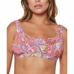 Top 10 💯 Jessica Simpson Flower Child Thick Strap Retro Bra 👙 Bikini Top Mandarin Multi 👏